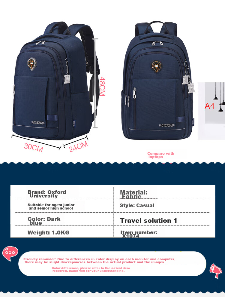 UNIVERSITY OF OXFORD Backpack for Male And Female Middle School Students, High School Students, Lightweight Travel Backpack X1074 Black 20