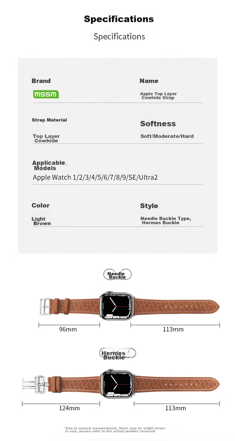 MSSM Compatible Apple Watch Band, Hermes Style IWatch S12 Genuine Leather Folding Buckle Strap, Ultra4/S11/10/Se3 Micro-Hole Light Brown, 44-49 6