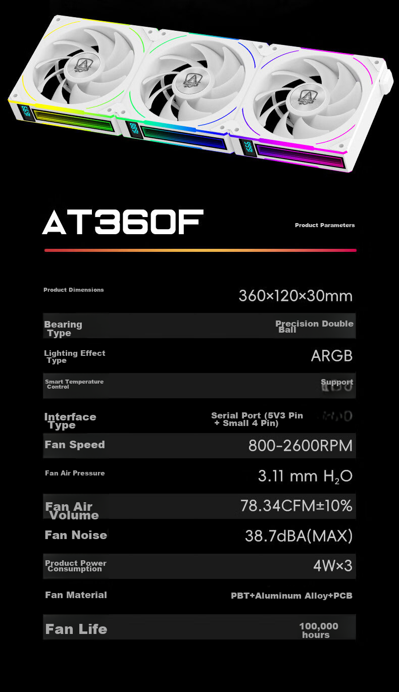 AOC AT360FW/93 White 12CM Desktop Case Cooling Fan Triple Pack ARGB Sync/No Wired Cable Connection/Aggressive Dual Ball Bearings/Speed Display 8