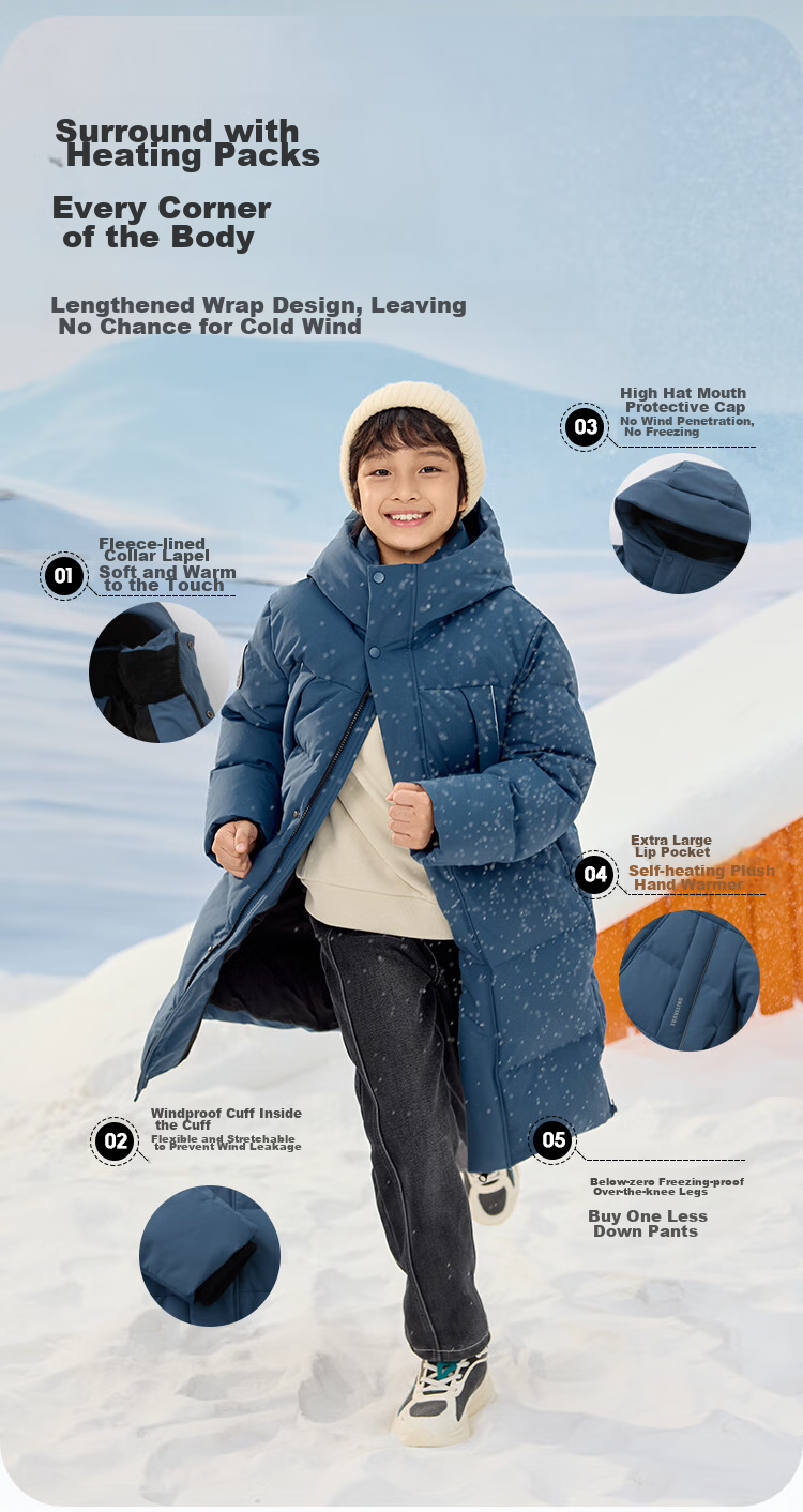 BALABALA Kids Mid-Length Down Jacket Winter Thickened Coat Boys Girls 2025 Hooded Parent-Child Warm Windproof Water-Repellent 9