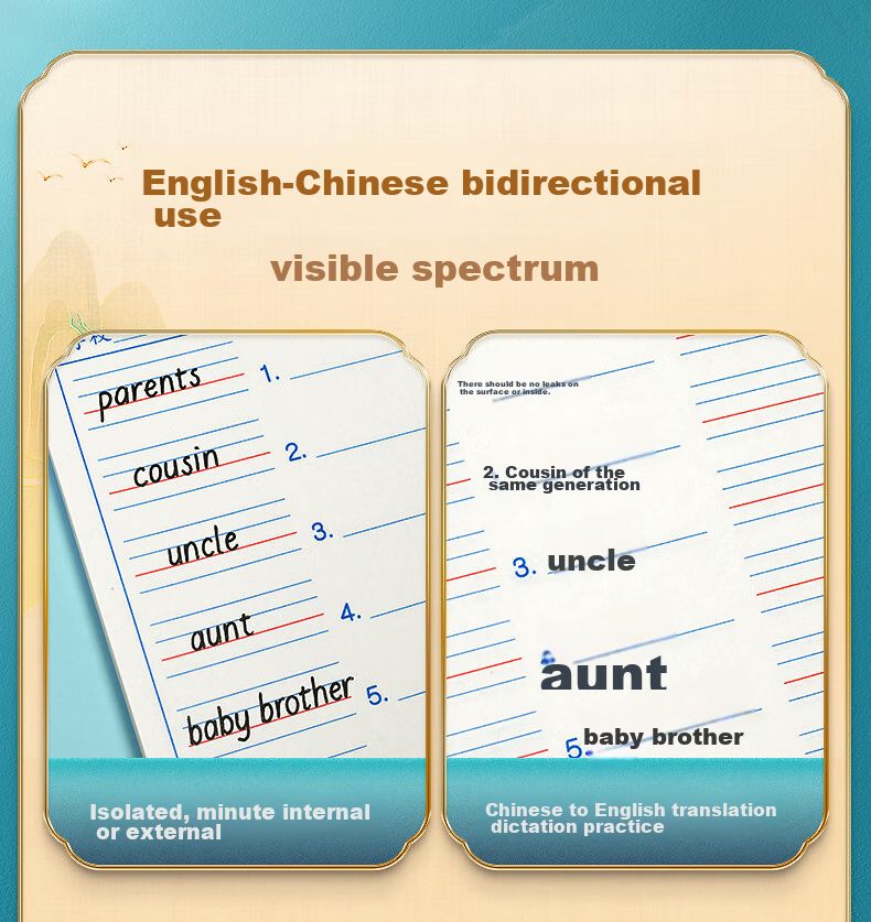 Huaxiawanjuan 4-Pack English Dictation Paper, Homework Book, English Practice Book, Elementary And Middle School Vocabulary Dictation Notebook, Memorization Aid, 16k Thick English-Chinese Translation Paper with Four Lines And Three Grids 7
