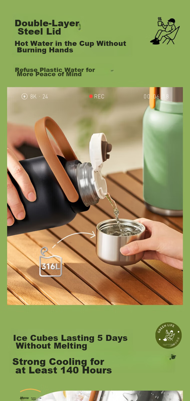 SUPOR Insulated Mug Large Capacity Portable 316 Stainless Steel Vacuum Insulated Travel Bottle 1.3L Mountain Green KCV13AC10 2