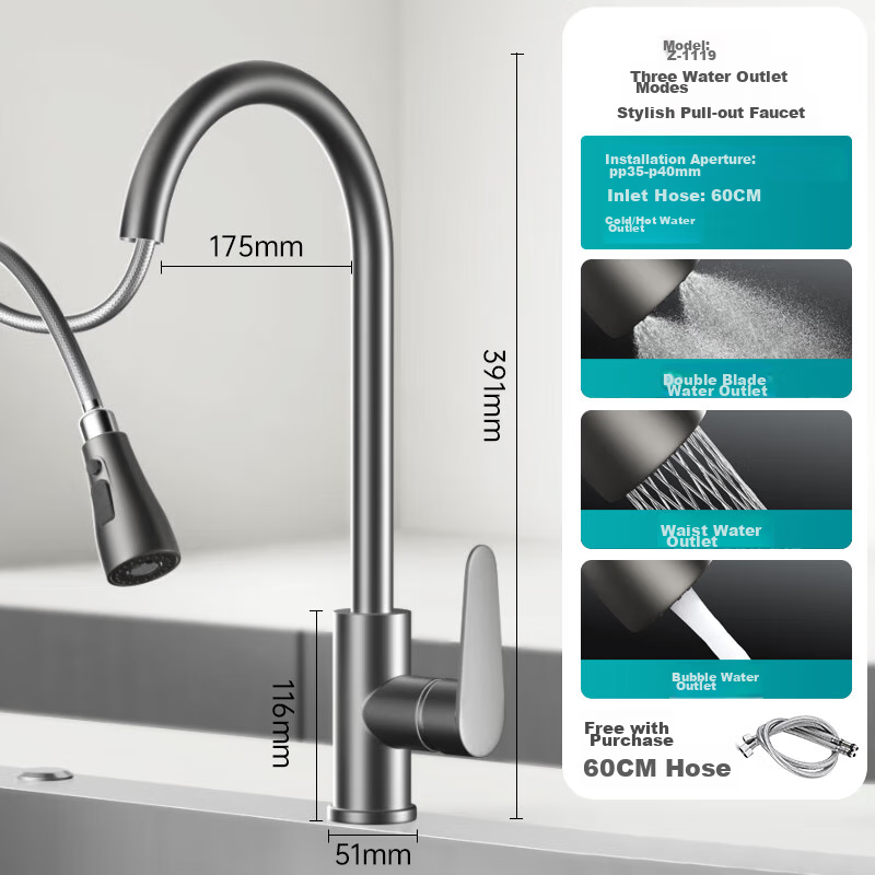 MEJUE Kitchen Faucet, Pull-Out Tap, Healthy Sink Hot And Cold Tap, 360° Rotating Vegetable Washing Basin Tap Z-1119