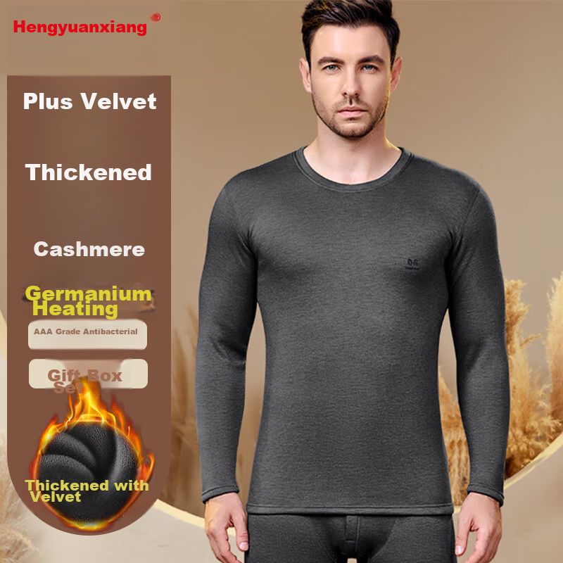 Hengyuanxiang [Cashmere] Thermal Underwear for Men, Fleece-Lined Thick Round Neck Autumn Top And Pants, Men's Winter Set, Cold-Resistant