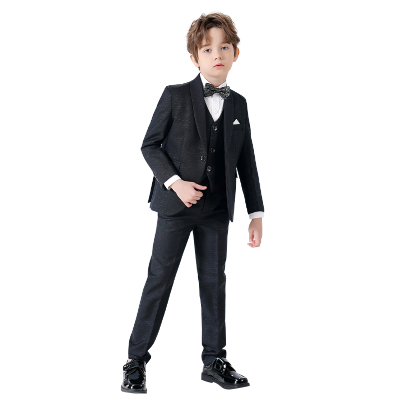 Romon Children's Suit Set Boys' British Style Host Piano Performance Outfit Autumn Shiny Black 5-Piece Set Size 120