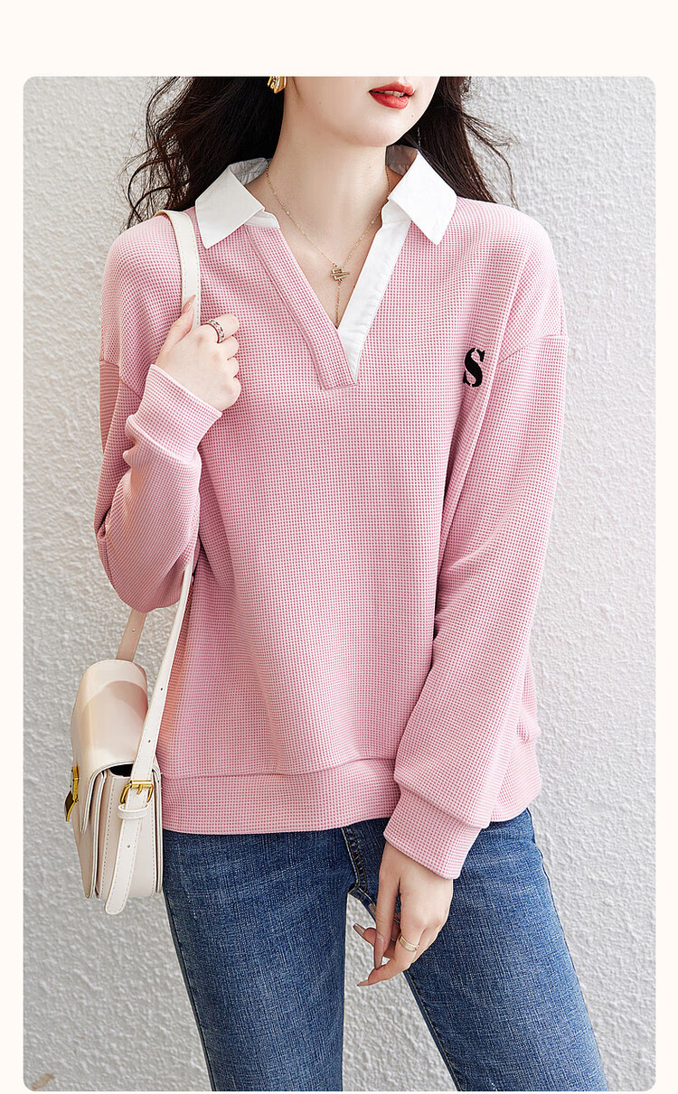 Dme [Waffle Knit Patchwork Sweatshirt] Spring And Autumn Lapel Drop Shoulder Long Sleeve Slightly Stretchy Loose Sweatshirt for Women, Mustard Yellow, S 3