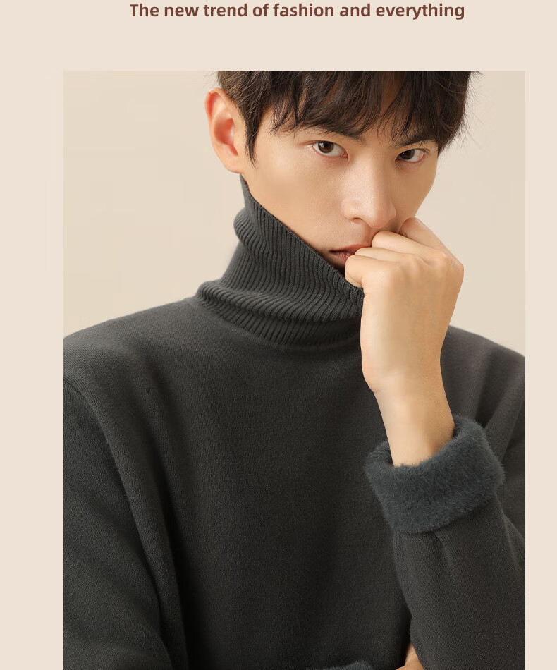 MINISO Fleece-Lined Sweater for Men, Autumn And Winter Warm Turtleneck Knit Pullover Base Layer, Thickened, White, XL 9