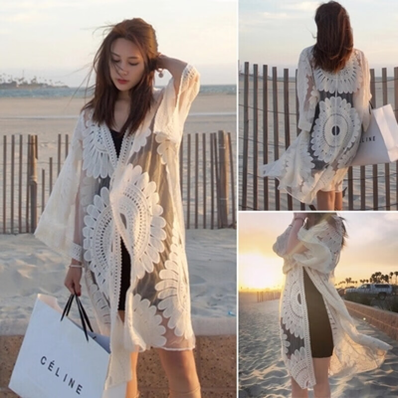 DK Seaside Sun Protection Clothing, Beach Cardigan Swimwear, Shawl Cover-Up, Hot Spring Mesh Jacket, Outer Wear, White