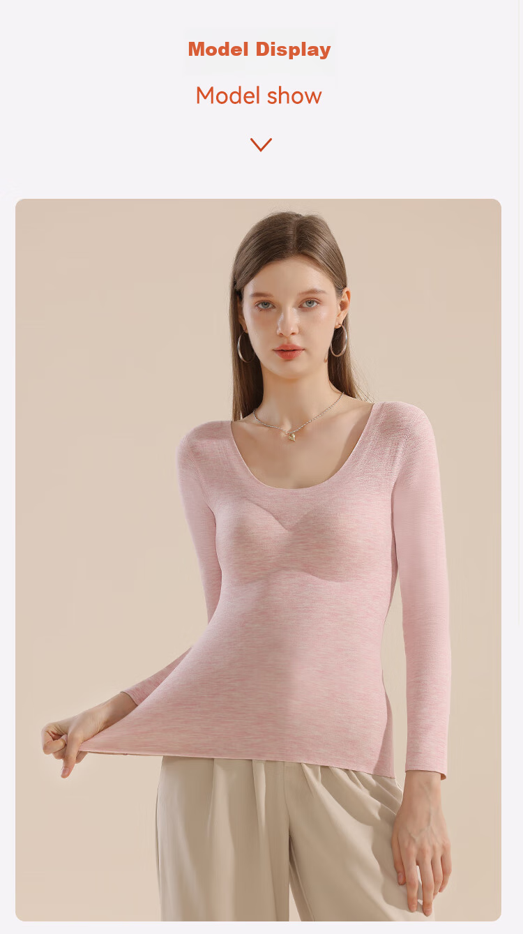MiiOW New Thermal Underwear for Women with Chest Pads, Warm Base Layer, Contains Cashmere And Silk, Long Sleeve, Pink, XL 26