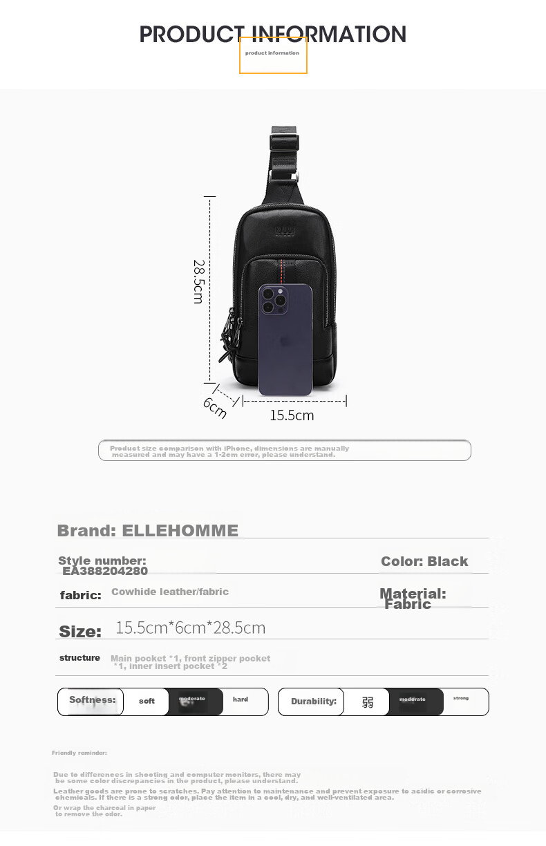 ELLE HOMME Fashion Men's Chest Bag, Casual Top-Grain Leather Shoulder Crossbody Bag, Trendy Men's Bag 04280 Black 4