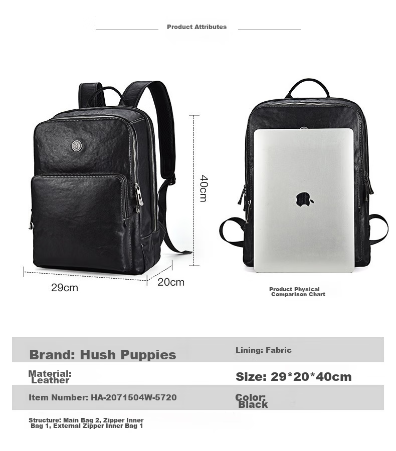 Hush Puppies Business Backpack for Men, Large Capacity Genuine Leather Backpack, 14-Inch Laptop Bag, Cowhide Travel Birthday Gift 10