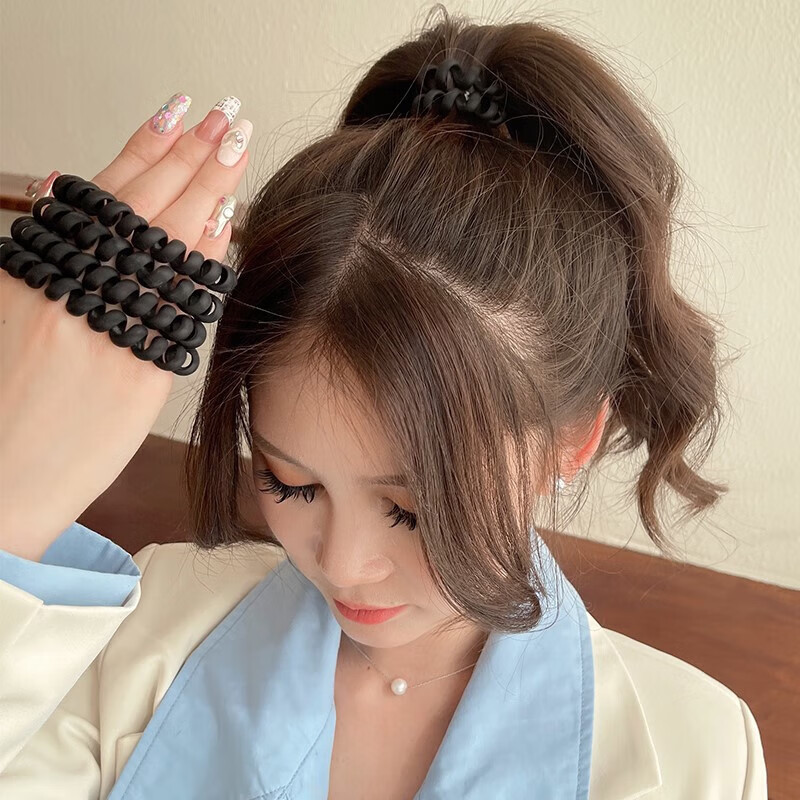 Liqing High-Elasticity Milk Coffee Frosted Telephone Wire Hair Ties [5 Pieces], Versatile Hair Ties That Don't Damage Hair, Elastic Bands with Leather Covers