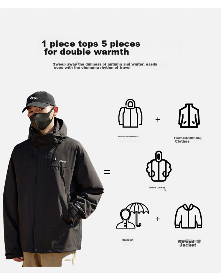 JEEP Unisex Couple Winter 3-in-1 Down Jacket Black L 9
