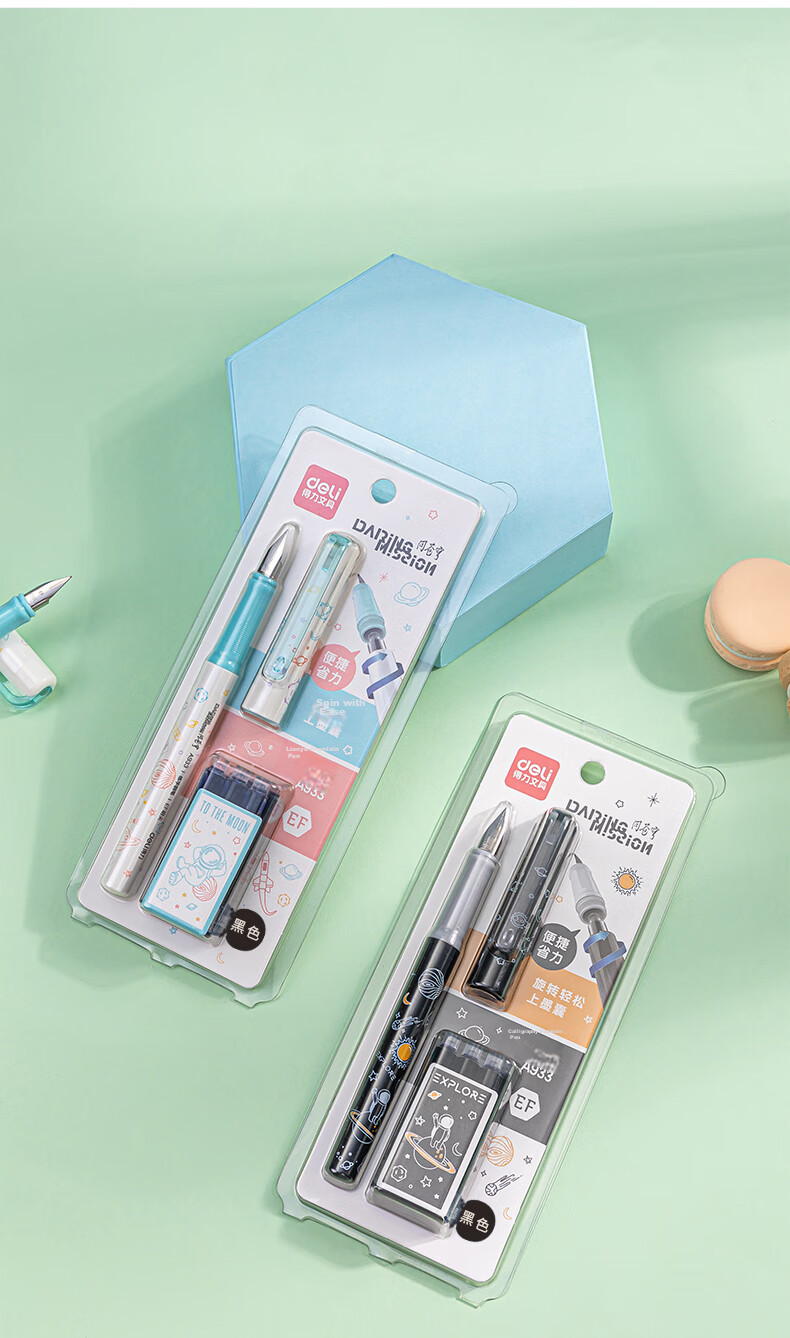 Deli Student Fountain Pen with Replaceable EF Nib, Ergonomic Design for Handwriting Practice And Office Use, Includes 1 Fine Nib + 1 Extra Fine Nib + 4 Ink Cartridges in Blue, S691 EF Nib (Approximately 0.38mm) 5