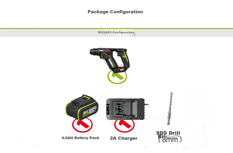 WORX 20V Brushless Lightweight Rotary Hammer Drill WU380S (4.0 Single Battery) Electric Drill, Rechargeable Dual-Use Lithium Battery Concrete Drill 16