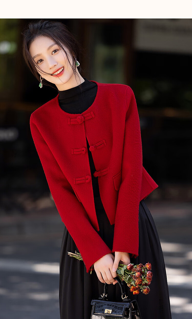 DME Spring New Year Chinese Style New Mid-Length Double-Sided Wool Felt Sheep Wool Frog Button Coat Women Outerwear Dark Red L 6