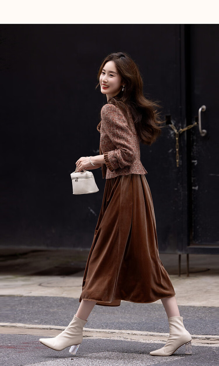 DME Winter Elegant Little Chanel Style Wool Blend Faux Two-Piece Ribbon Collar Ruffle Edge Dress Brown Red XL 11