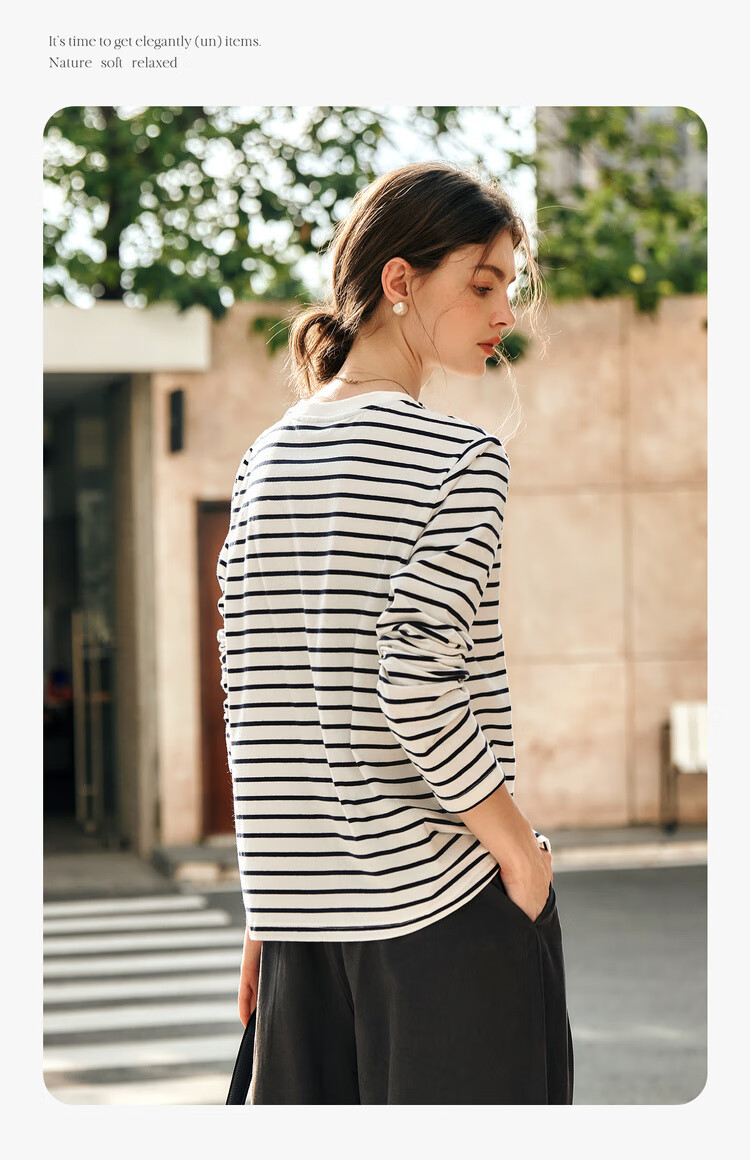 Olrain Women's Striped Long Sleeve T-Shirt Spring Design Pocket Embroidery Top Striped (Upgraded) M 10