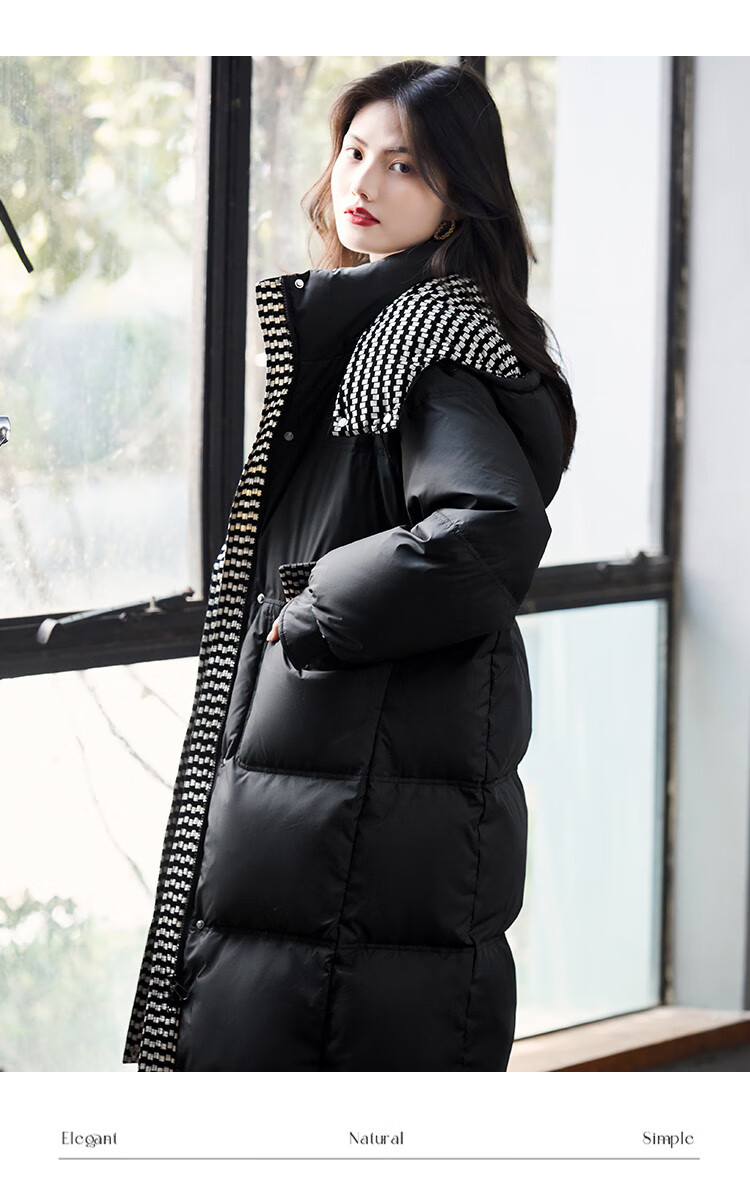 Dme [90% Down Thickened Warm down] Winter Coat with Houndstooth Pattern Patchwork Over-Knee Mid-Length down Jacket for Wome 6