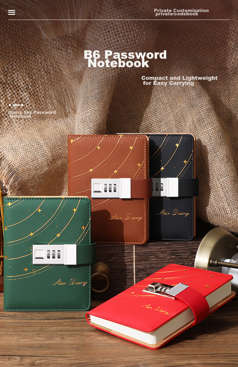 Longe Password Lock Notebook, B6 Small Size Password Book with Lock, Diary That Can Be Carried Anywhere, Lockable Journal, High-Quality Thickened Notebook, Customizable 1