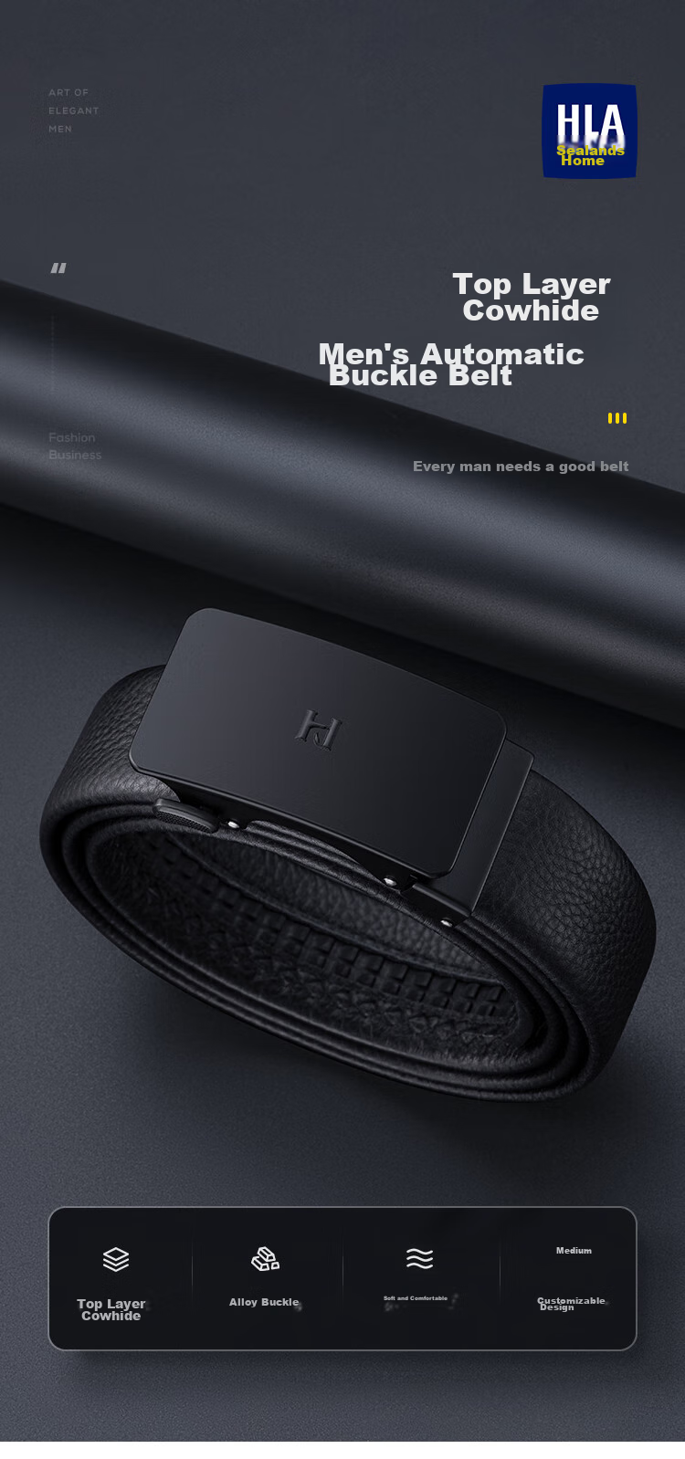 HLA Men's Belt with Automatic Buckle, Business-Style Top-Layer Cowhide Waistband, Birthday Gift for Boyfriend Or Husband, Fashionable Trouser Belt 1