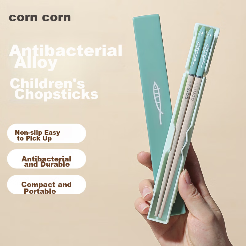 Детские столовые приборы CORN, набор из 2 пар антибактериальных коротких палочек для еды из сплава для детей 6-12 лет, с милым рисунком