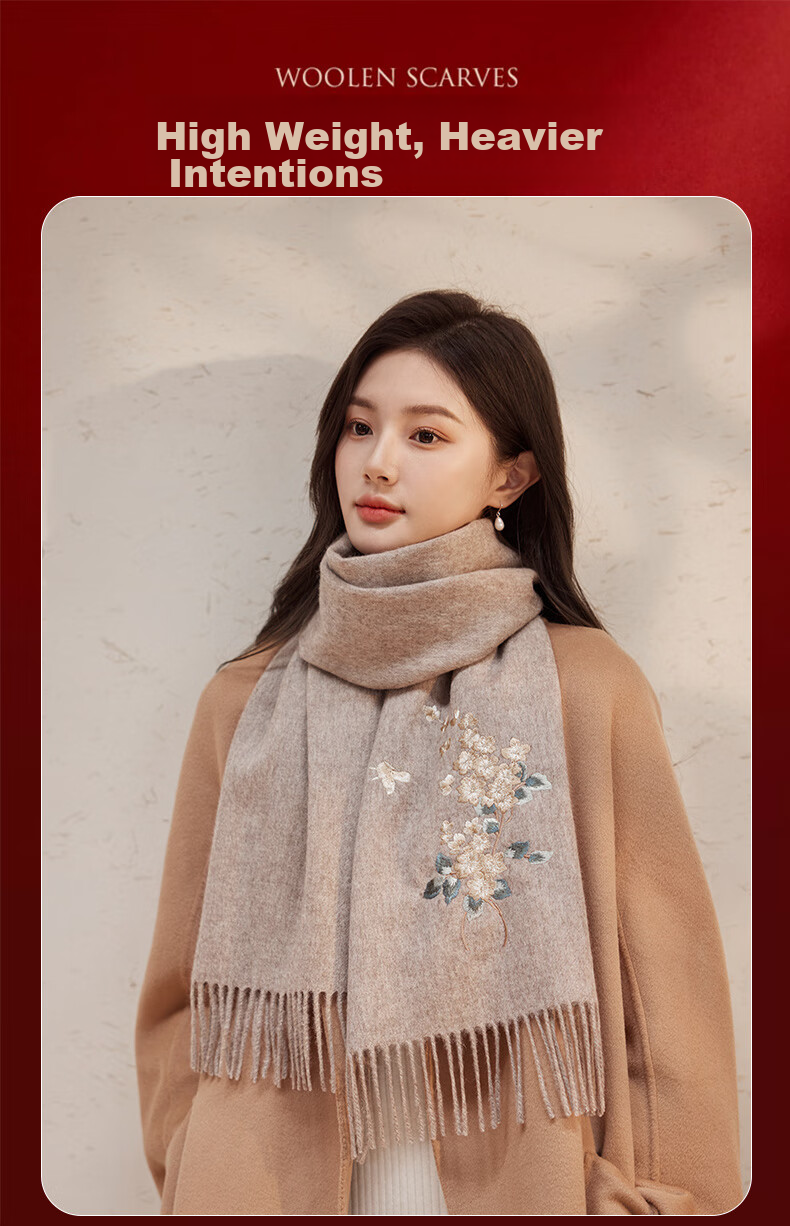 Hengyuanxiang 100% Wool Scarf for Women, Autumn And Winter Warm Neck Warmer, Embroidered Shawl, Gift for Mom And Elders, Mid-Autumn Festival Birthday Present 8