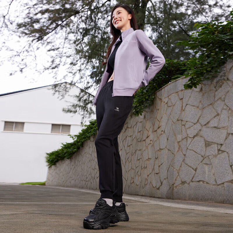 CAMEL Casual Sports Set for Women, Stand-Up Collar Classic Style Long Sleeve Long Pants Spring Autumn Sports Meet Knitted Two-Piece Sportswear