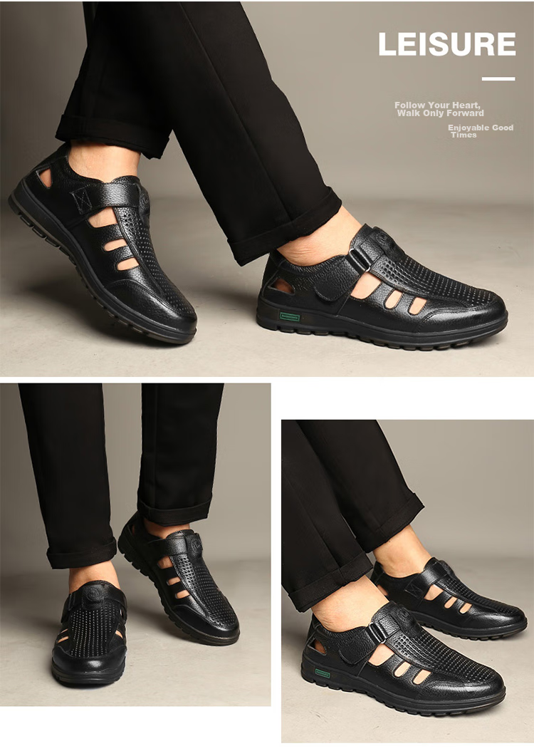 EGCHI Men's Sandals, Hollow-Out Slip-On, Top-Grain Leather, Velcro Casual Leather Sandals, J8838, Black, Size 39 15