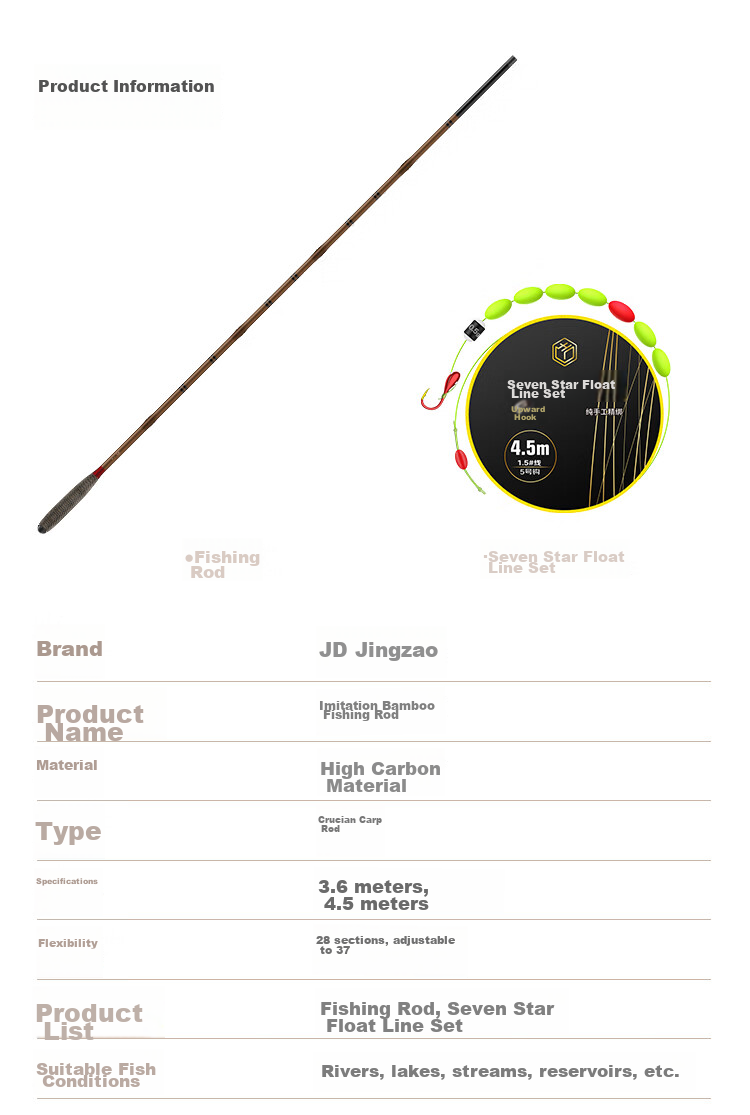 JD Original Bamboo Shadow Crucian Carp Rod, Bamboo-Like Vintage High Carbon Ultra-Light Fishing Rod, Leisure Wild Fishing Platform Fishing Rod, Light Hard Hand Rod, 4.5 Meters 10