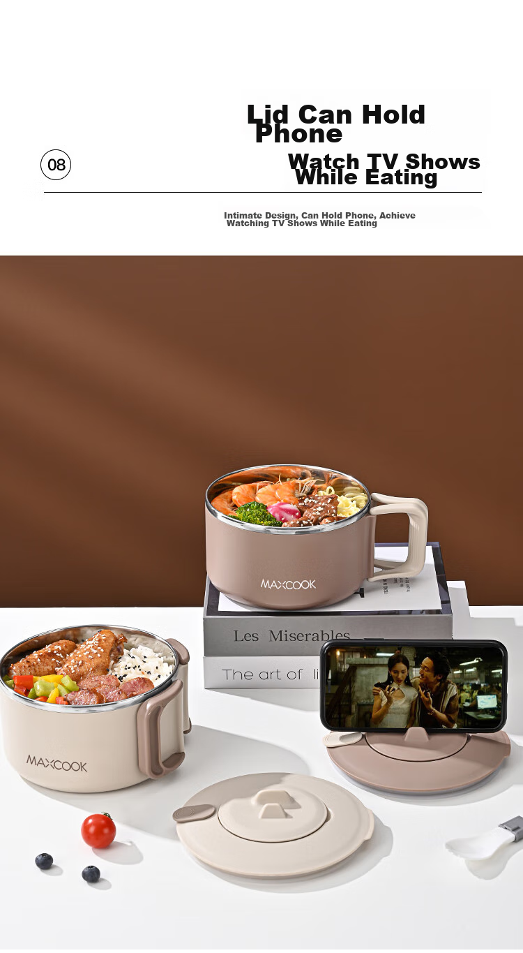 MAXCOOK 316 Stainless Steel Ramen Bowl with Folding Handle, Student Lunch Box, Meal Cup, Ramen Cup 1200ML with Spoon MCWA7697 11