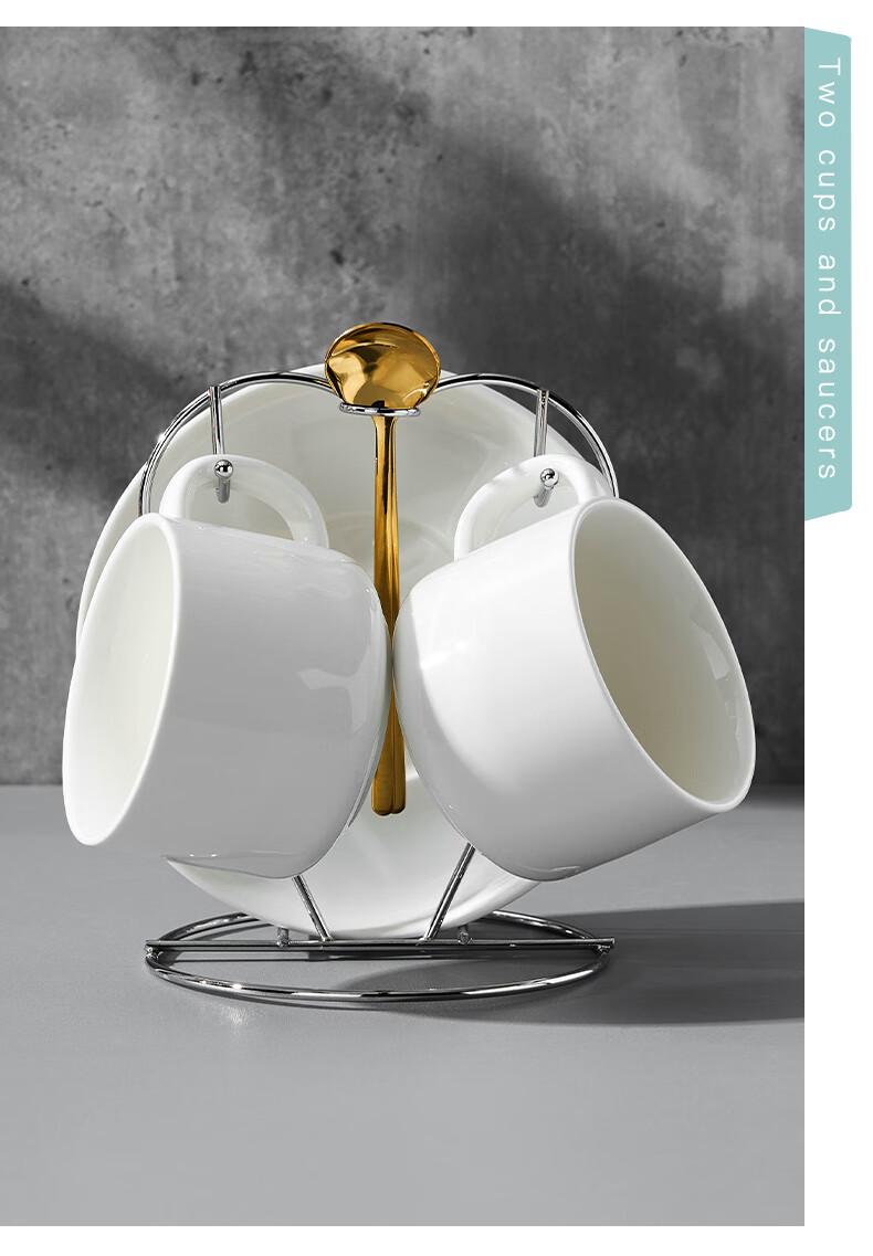 Youlaifu Coffee Cup Set, European-Style Gold-Rimmed Ceramic Cups, Hanging Ear Latte Cups, Office Mugs, 2 Cups, 2 Saucers, 2 Spoons 2