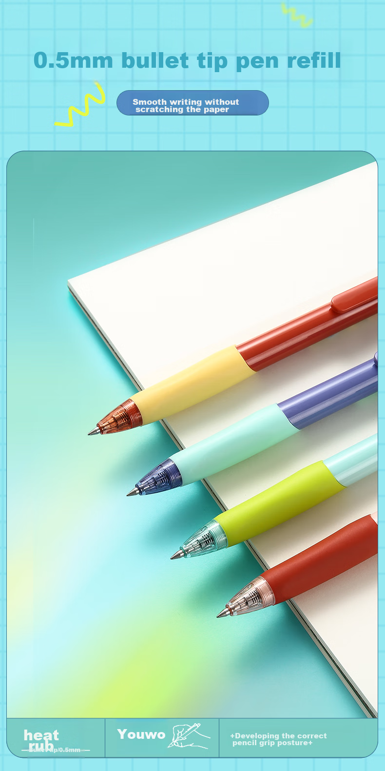 M&G Stationery Erasable Gel Pen with Comfort Grip Design, Retractable Bullet Tip 0.5mm Crystal Blue Color for Elementary School Students, Red Barrel 4-Pack AKPK0404B2 8