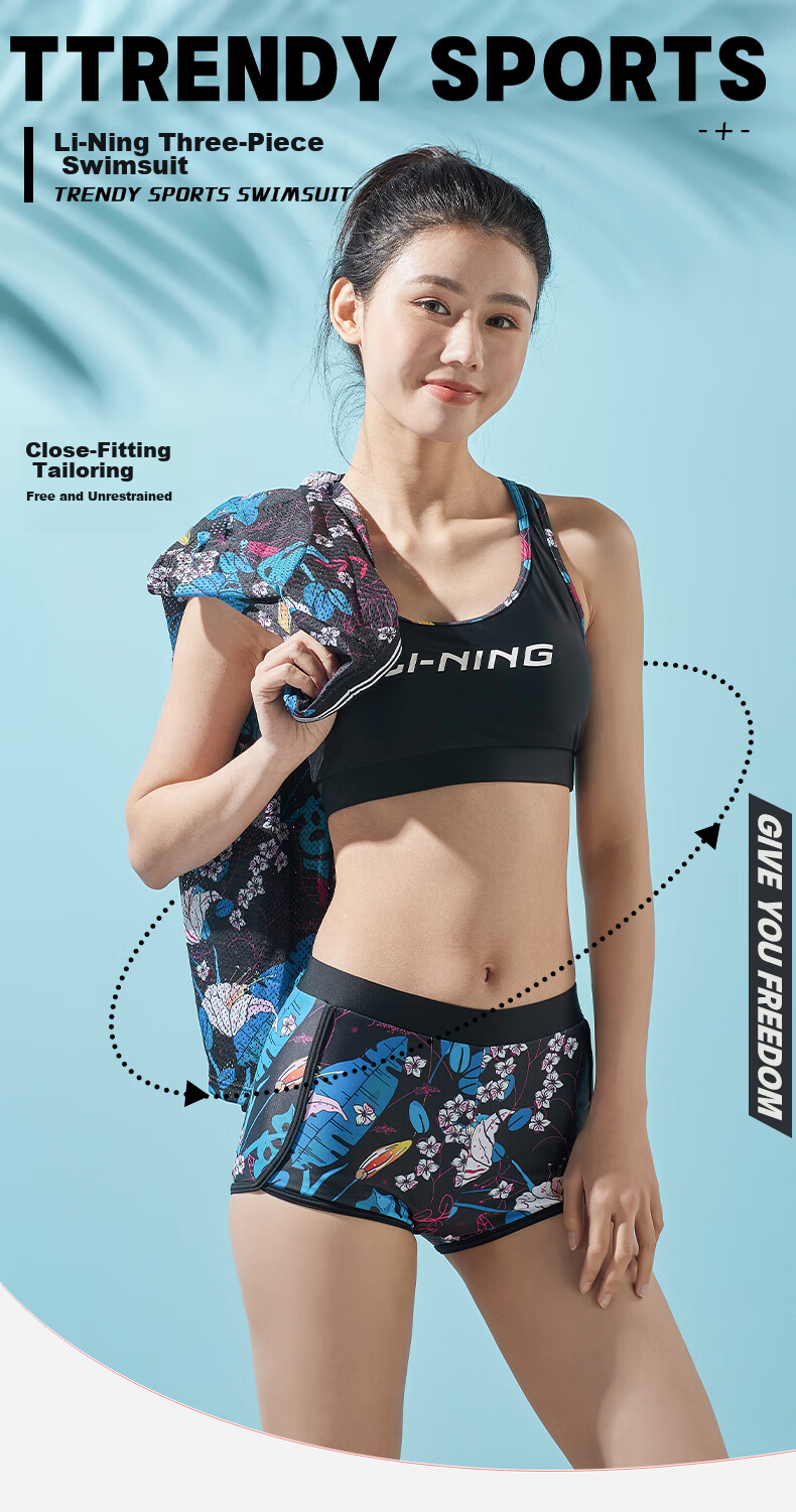 Li-Ning Women's Three-Piece Swimsuit Set, Beach Vacation Sun Protection Cover-Up, Tummy Control Slimming Swimwear for Hot Springs, 727 Black And Blue, Size M 1