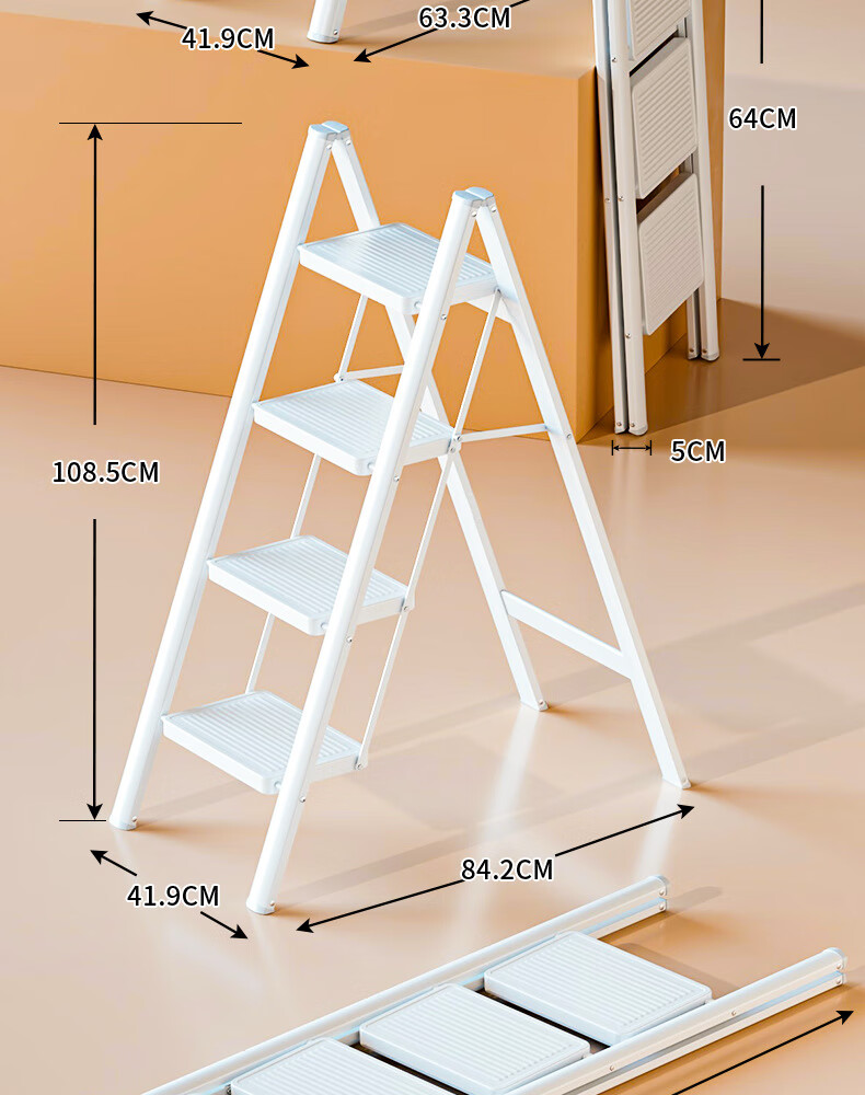 Baoyouni Household Ladder Folding Step Stool Multi-Functional White 3-Step 24