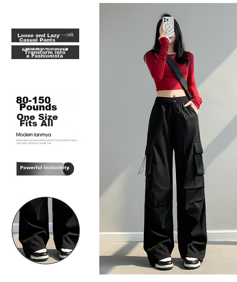 LangSha American-Style Parachute Cargo Pants for Women, Summer Ice Silk High-Waist Wide-Leg Loose Casual Quick-Dry Outdoor Sports Pants 6