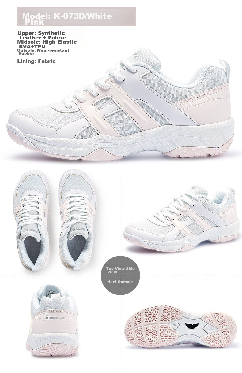 KAWASAKI Badminton Shoes for Women, Professional Competition Training, Wear-Resistant, Shock-Absorbing, Breathable Sports Shoes K-073D White Pink 40 10