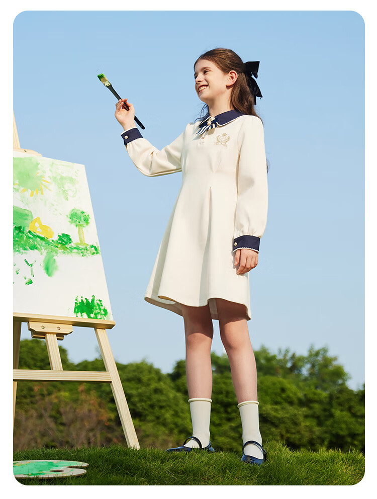 YEEHOO Girls' Dress, Children's Princess Dress, Big Kids' Dress, Preppy Style Long-Sleeve Dress, Autumn, Off-White, Size 165 9