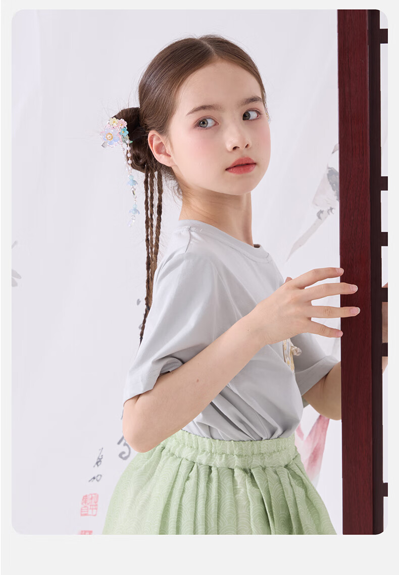 Duomiaowu Girls' Short-Sleeve T-Shirt, Summer Children's Top, Big Kids' Chinese-Style Summer Outfit, Stylish Undershirt, 81869 White, Size 120 11