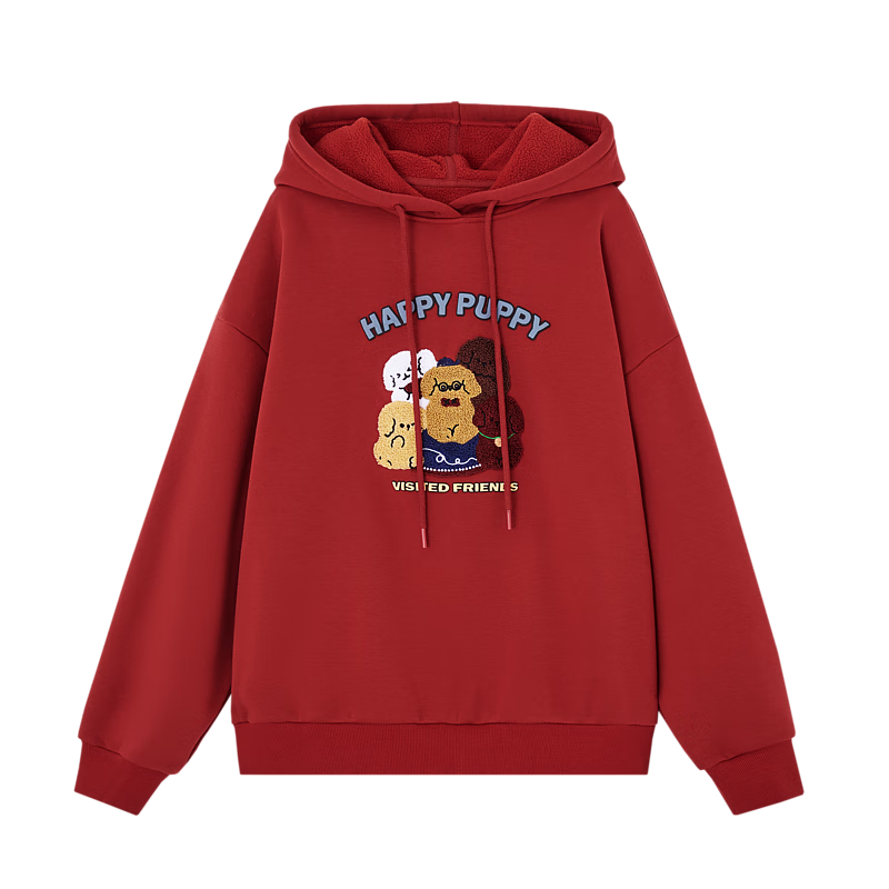 DME Women's Winter Casual Hooded Letter Animal Towel Embroidery Fleece Warm Sweatshirt Top Brick Red L