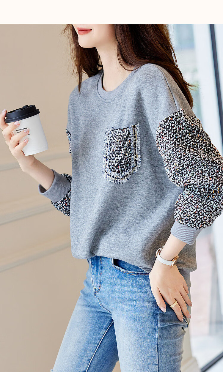 Dme Simple Color-Block Elegant Fleece-Lined Sweatshirt, Autumn And Winter Cotton Round Neck Loose Women's Top, Gray Fleece, XL 12
