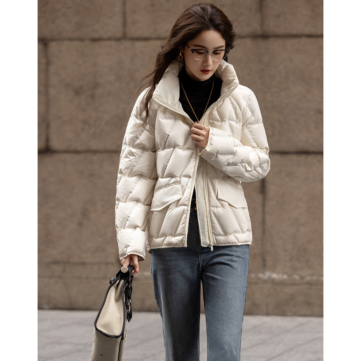Dme [Xueyu Manyou] Winter Lightweight 90% Duck Down, Geometric Squeeze Fabric, Concealing, Warm, Short Women's down Jacket