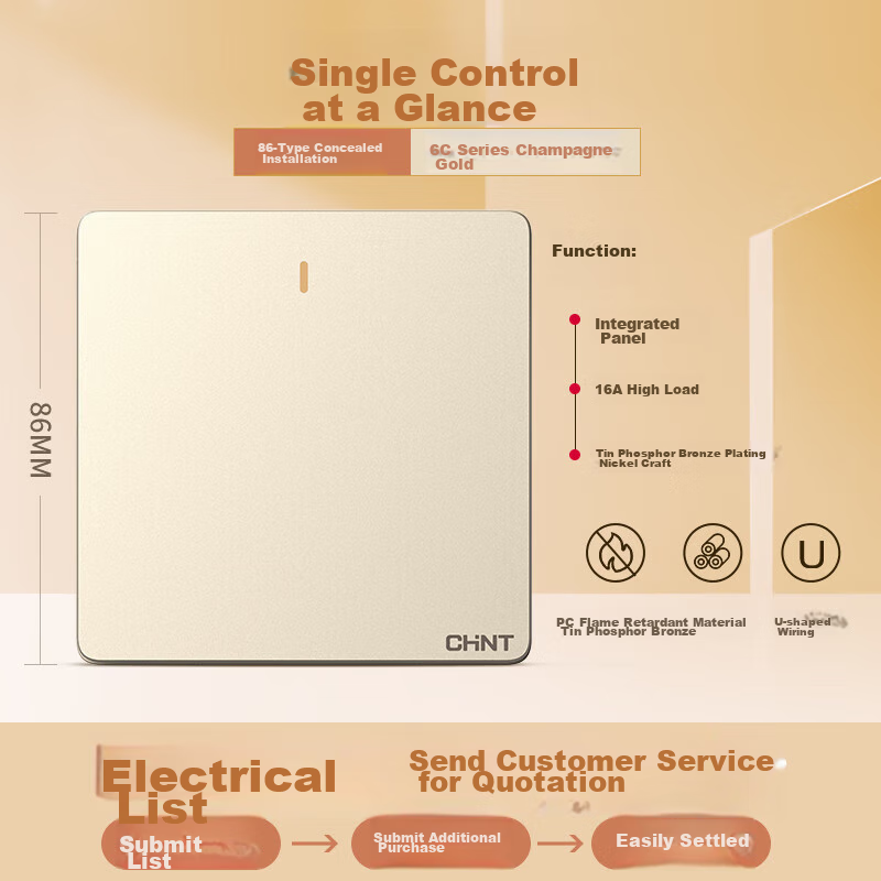 CHNT 86-Type Single Control Switch, 16A High Current, 850°C Flame-Retardant Pure Flat Large Panel Wall Surface Panel, Champagne Gold