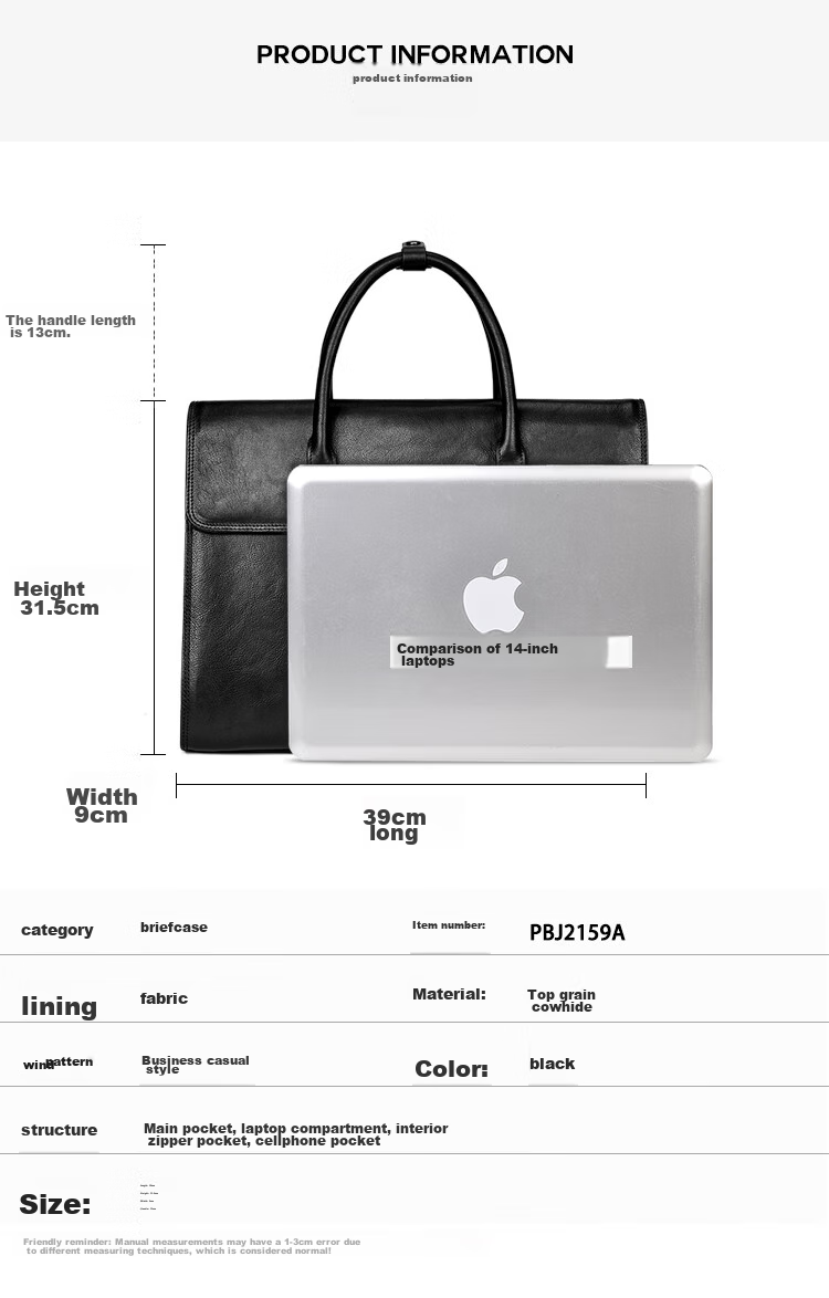 Pabojoe Business Briefcase, Men's Top-Grain Leather Handbag, Horizontal Style Large Capacity Laptop Bag for Men, Valentine's Day Gift 6