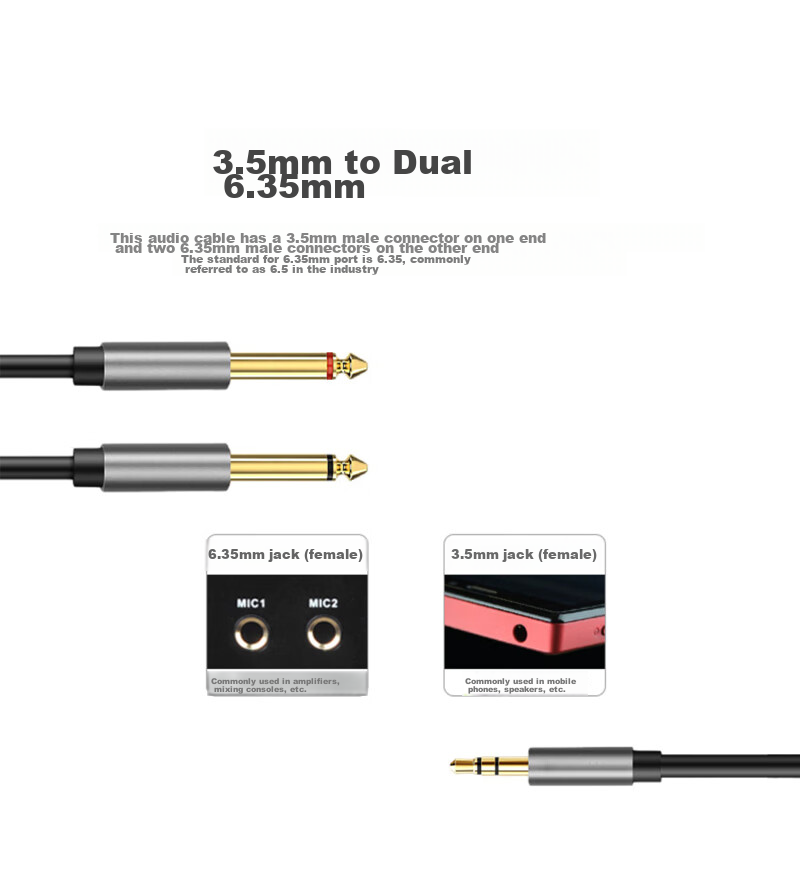 Beishanque 3.5mm to Dual 6.5mm Y-Split Male to Male Audio Cable, Phone Laptop Computer Speaker Connection Cable, 1 Meter BSQ-Y221 7