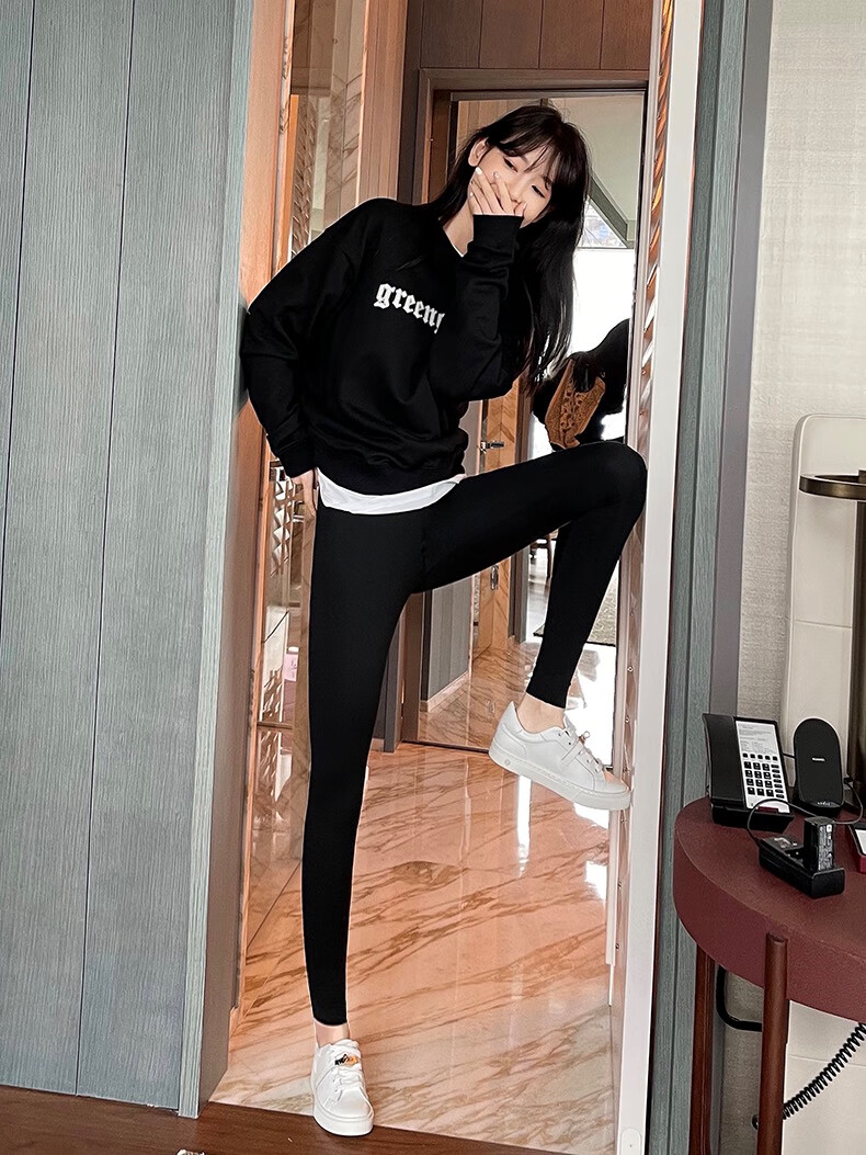 日本鲨鱼皮裤外穿春秋瑜伽芭比九分鲨皮提臀打底裤黑秋薄款女芭比裤s