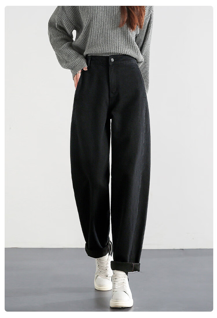 Dme Loose-Fitting Dad Pants Winter Harem Pants Women's Carrot Pants Fleece-Lined Jeans Women's Fleece-Lined Night Black S 30
