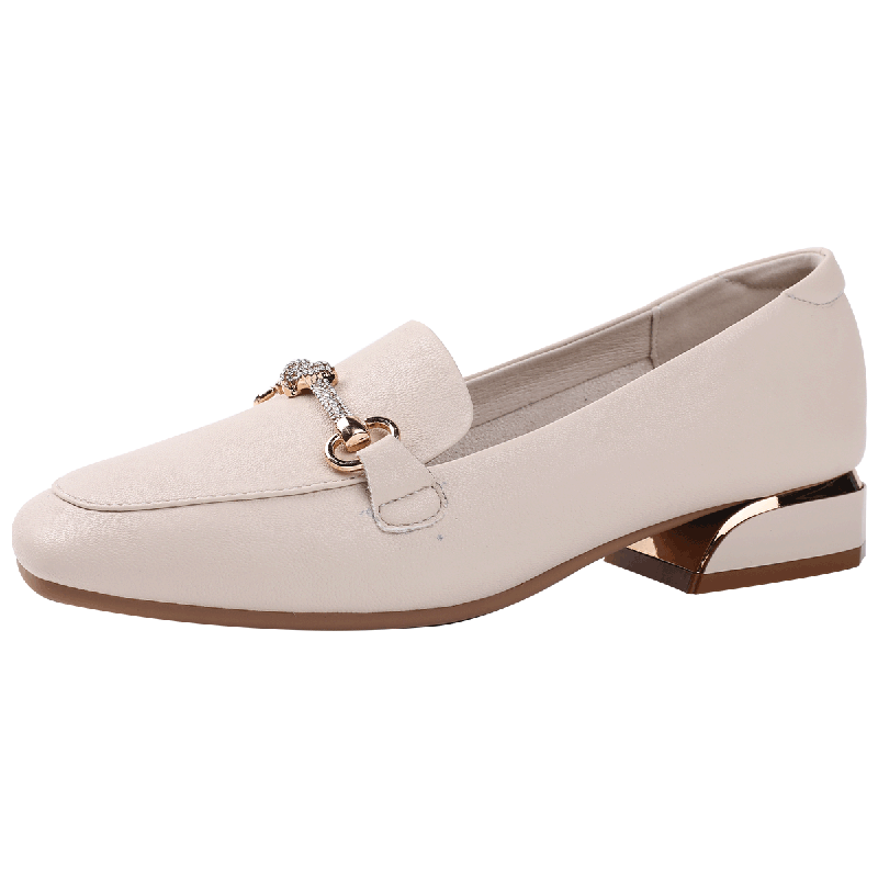 DAPHNE Women's Leather Shoes, Spring And Autumn Slip-On Loafers, Flat-Bottomed British Style Casual Shoes, Women's Flats, Beige, Size 39