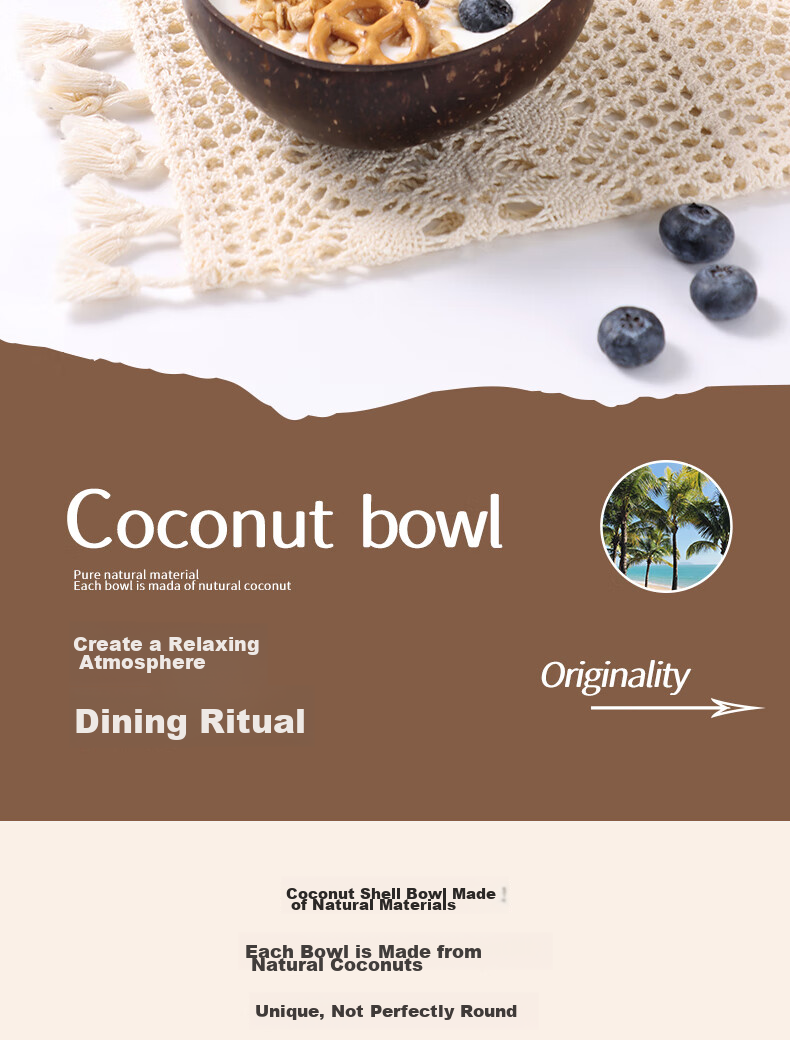 BJ Yogurt Bowl with Spoon, Wooden Dessert Fruit Salad Bowl for Home Breakfast Oatmeal, Natural Coconut Shell Bowl 2