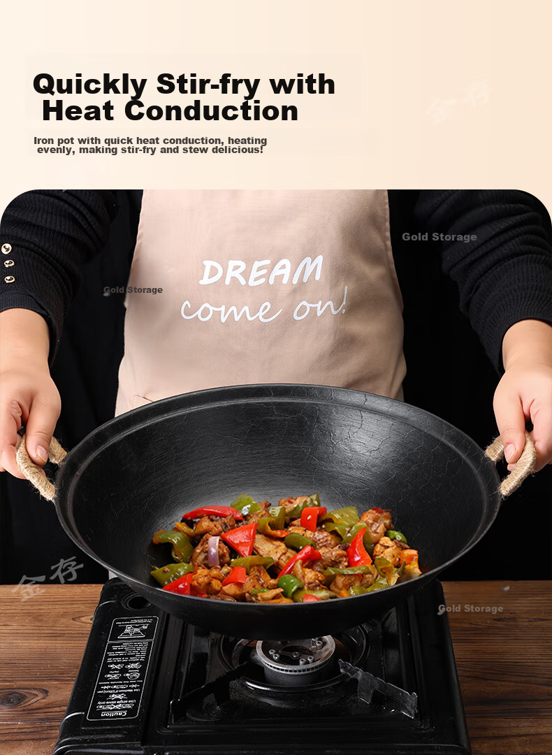 Jincun Cast Iron Wok, Uncoated Stir-Fry Pan, Stew Pot, Non-Stick, Home Use, Round Bottom, Double Handles, Authentic Raw Iron, 38cm 6
